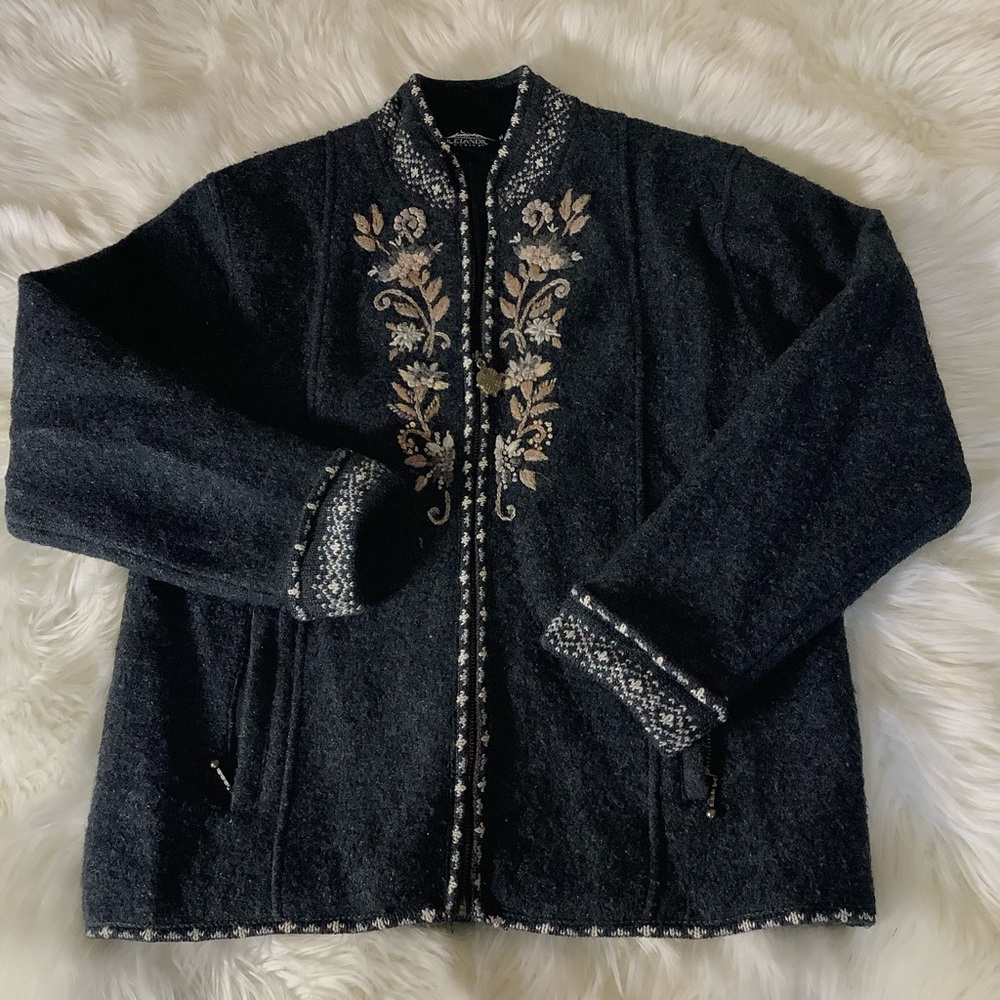Icelandic Design 100% Wool Full Zip Fair Isle Floral Embroidered Jacket Womens M - Picture 2 of 13